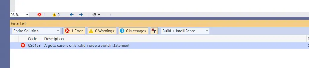 C# Error CS0153 – A goto case is only valid inside a switch statement