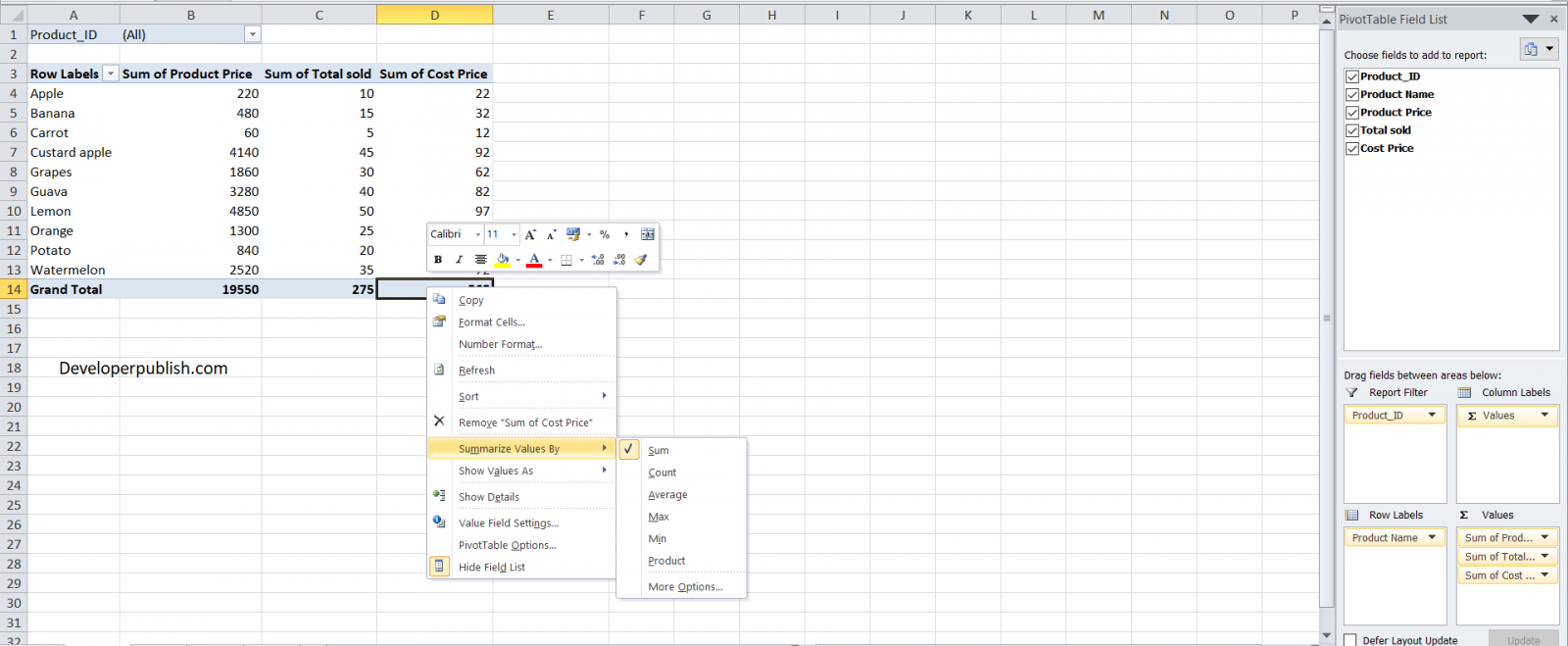 excel summarize data on flash drive