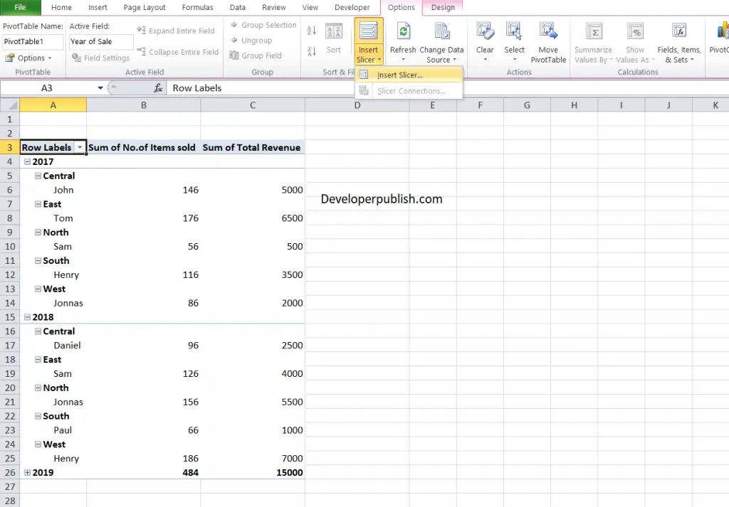 Slicers in Excel Pivot Table