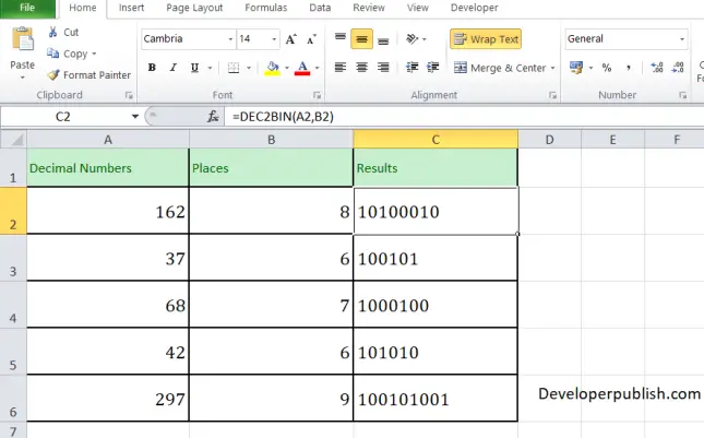 How to use DEC2BIN in excel worksheet? - Developer Publish