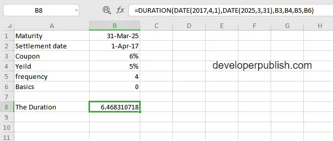 DURATION Function in Excel