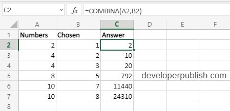 Combina function in Excel