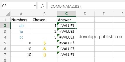 Combina function in Excel