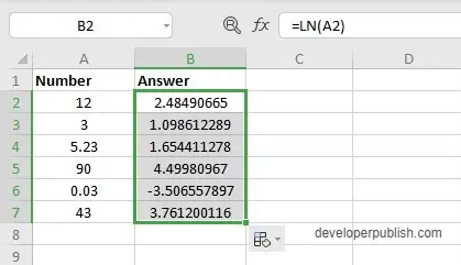 LN Function in Excel