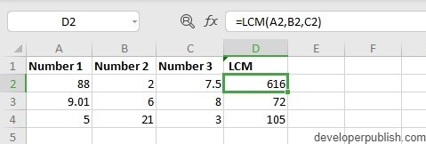 LCM Function in Excel