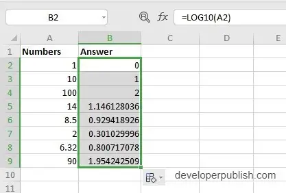 LOG10 Function in Excel