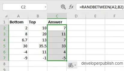 RANDBETWEEN Function in Excel