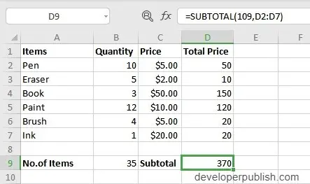 SUBTOTAL Function in Excel