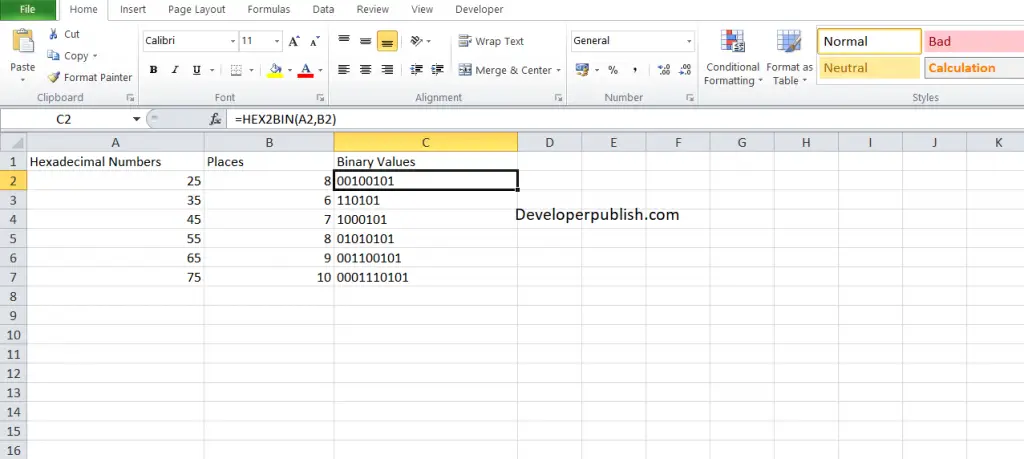 How to use HEX2BIN in Excel?