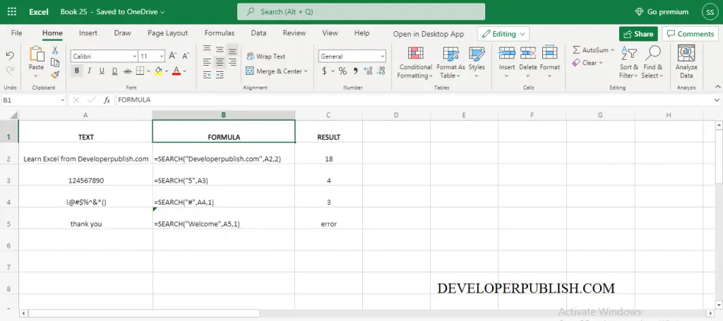 we have performed SEARCH Function in excel spreadsheet