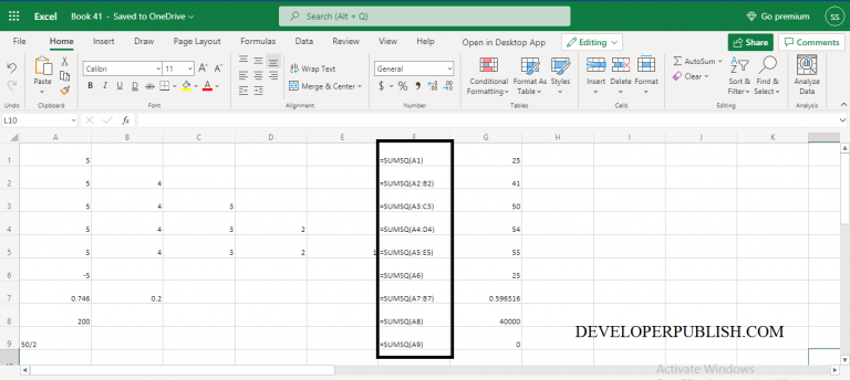SUMSQ Function in Excel