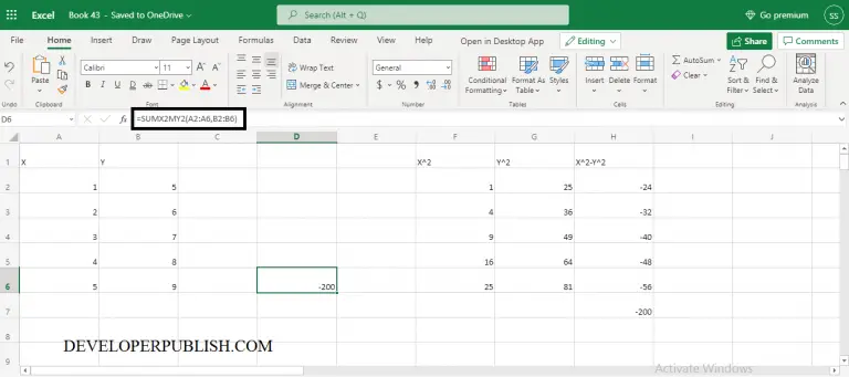 SUMX2MY2 Function in Excel