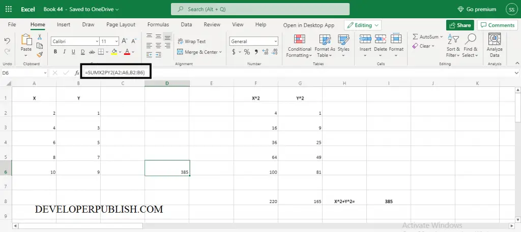 we have performed SUMX2PY2 Function in excel spreadsheet