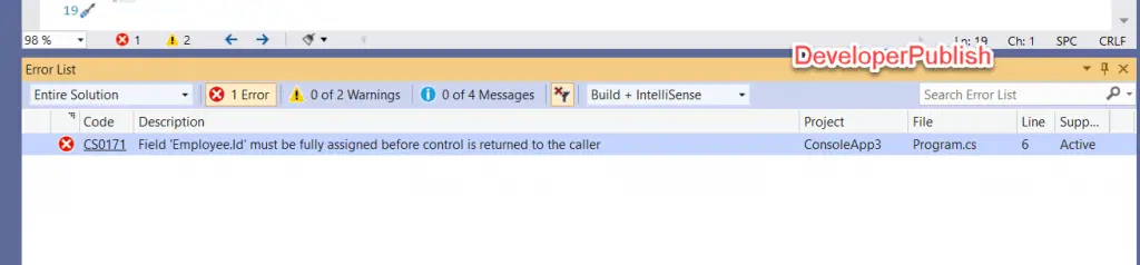 C# Error CS0171 – Field 'name' must be fully assigned before control is returned to the caller