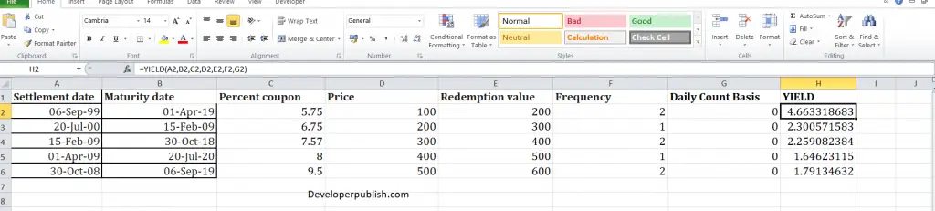 How to use the yield function in Excel?