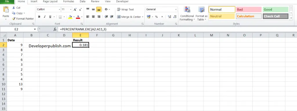 How to use the PERCENTRANK.EXC function in Excel?