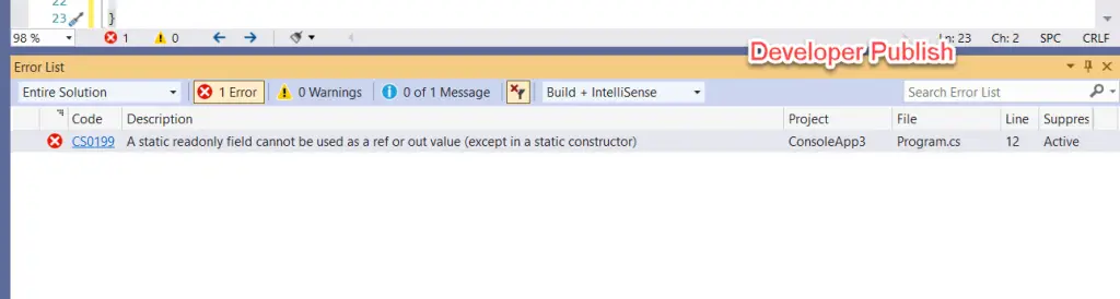 C# Error CS0199 - Fields of static readonly field 'name' cannot be passed ref or out