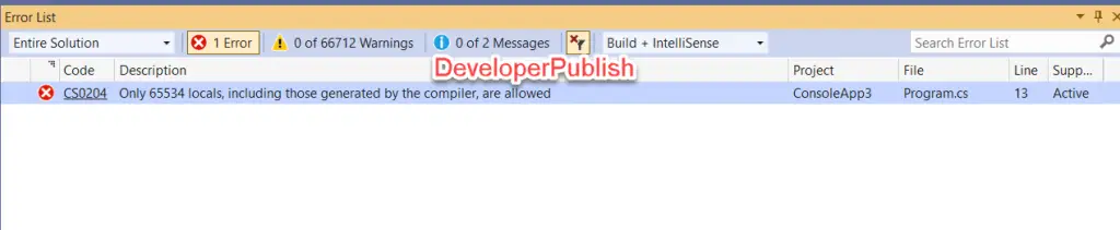 C# Error CS0204 - Only 65534 locals, including those generated by the compiler, are allowed