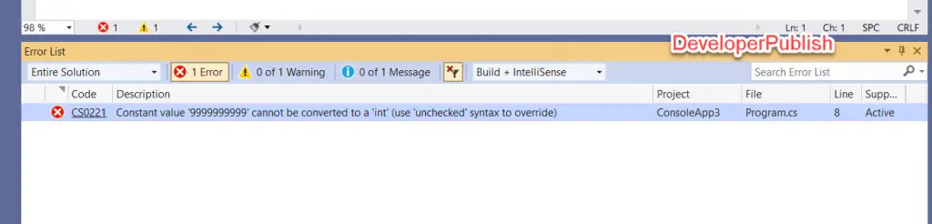 C# Error CS0221 – Constant value 'value' cannot be converted to a 'type' (use 'unchecked' syntax to override)