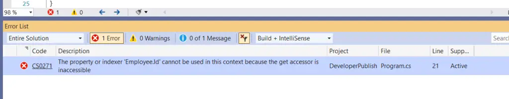 C# Error CS0271 – The property or indexer 'property/indexer' cannot be used in this context because the get accessor is inaccessible