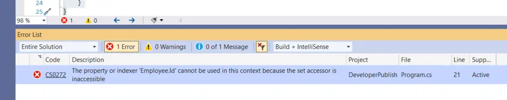 C# Error CS0272 – The property or indexer 'property/indexer' cannot be used in this context because the set accessor is inaccessible
