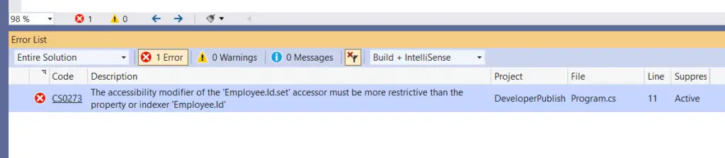 C# Error CS0273 – The accessibility modifier of the 'property_accessor' accessor must be more restrictive than the property or indexer 'property'