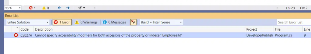 C# Error CS0274 – Cannot specify accessibility modifiers for both accessors of the property or indexer 'property/indexer'