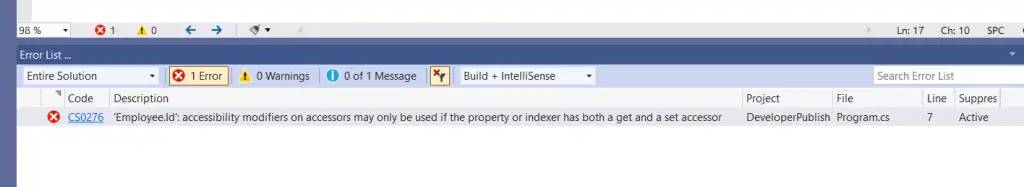 C# Error CS0276 – 'property/indexer': accessibility modifiers on accessors may only be used if the property or indexer has both a get and a set accessor