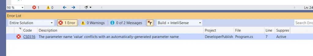 C# Error CS0316 – The parameter name 'name' conflicts with an automatically-generated parameter name