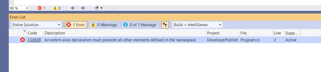 C# Error CS0439 – An extern alias declaration must precede all other elements defined in the namespace