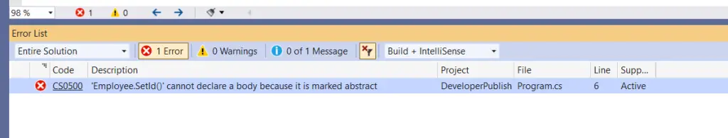 C# Error CS0500 – 'class member' cannot declare a body because it is marked abstract