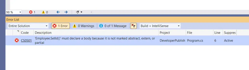 C# Error CS0501 – 'member function' must declare a body because it is not marked abstract, extern, or partial