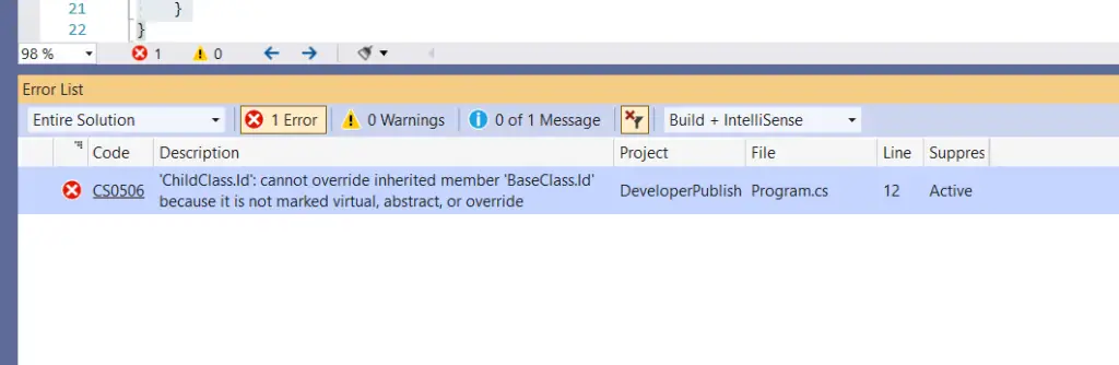 C# Error CS0506 – 'function1' : cannot override inherited member 'function2' because it is not marked "virtual", "abstract", or "override"