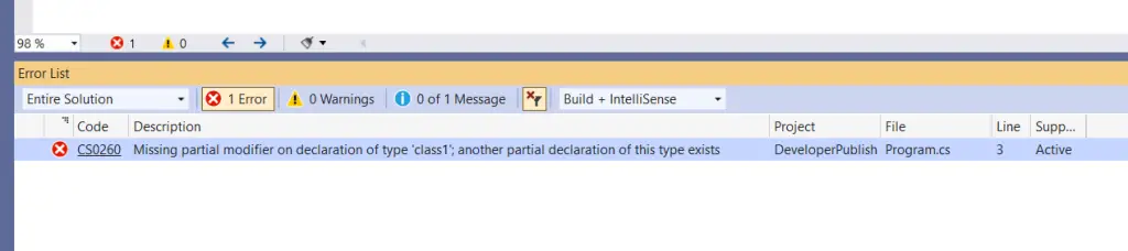 C# Error CS0260 – Missing partial modifier on declaration of type 'type'; another partial declaration of this type exists