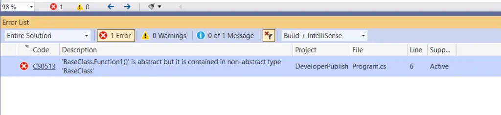 C# Error CS0513 – 'function' is abstract but it is contained in nonabstract class 'class'