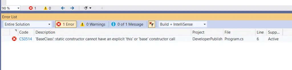 C# Error CS0514 – 'constructor' : static constructor cannot have an explicit 'this' or 'base' constructor call