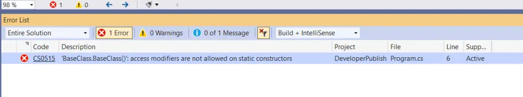 C# Error CS0515 – 'function' : access modifiers are not allowed on static constructors