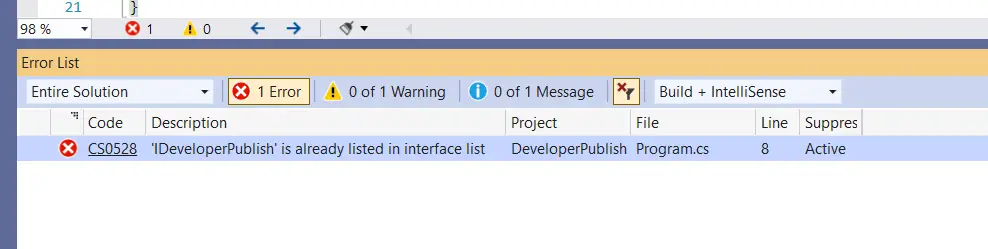 C# Error CS0528 - 'interface' is already listed in interface list