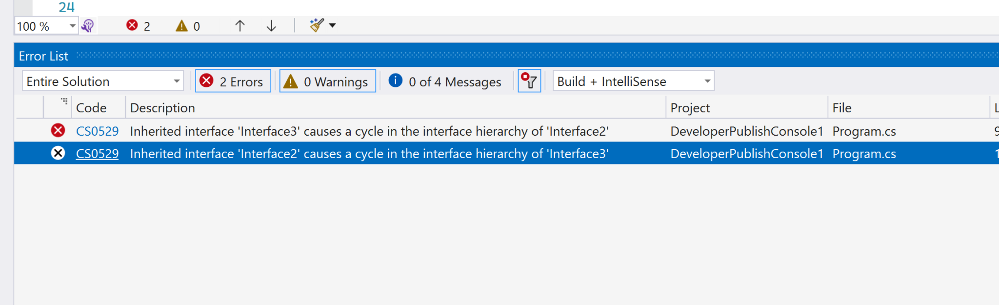 C Error CS0529 Inherited interface 'interface1' causes a cycle in
