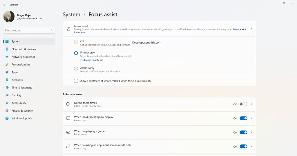 Focus Assist Automatic Rules in Windows 11