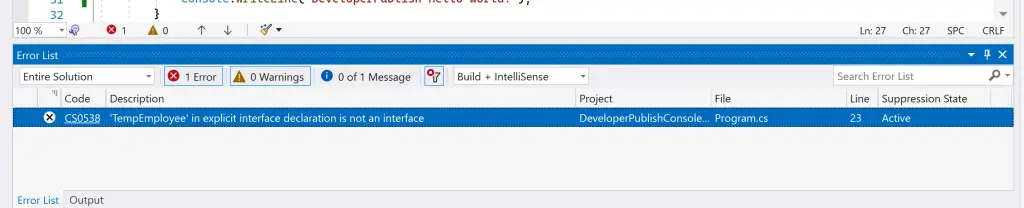 C# Error CS0538 – 'name' in explicit interface declaration is not an interface 