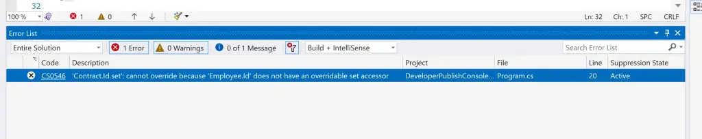 C# Error CS0546 – 'accessor' : cannot override because 'property' does not have an overridable set accessor