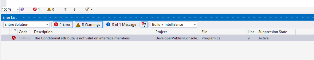 C# Error CS0582 – The ConditionalAttribute is not valid on an interface member
