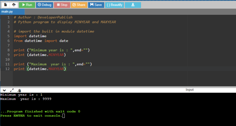 Python Program to display MIN Year and MAX Year