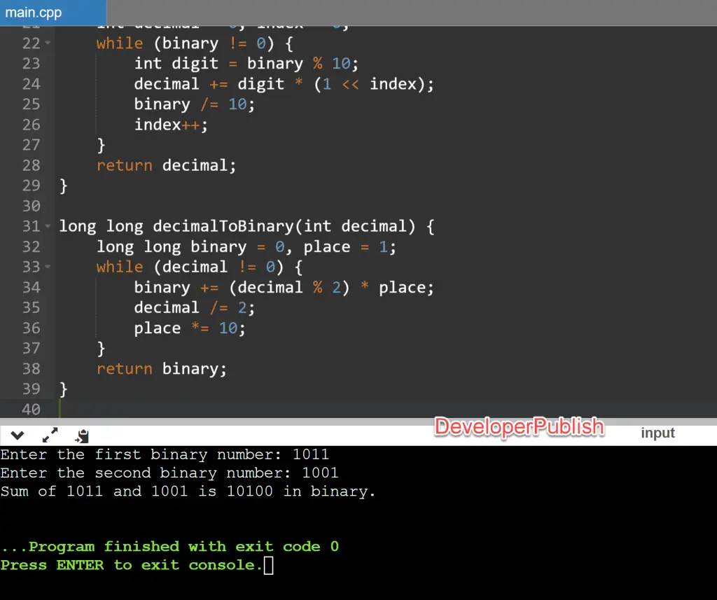 C Program To Add Two Binary Numbers