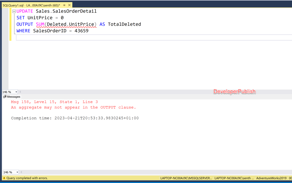 SQL Server Error Msg 158 - An aggregate may not appear in the OUTPUT clause 