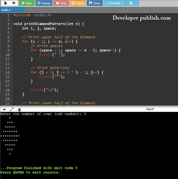 C Program to Print Diamond Pattern