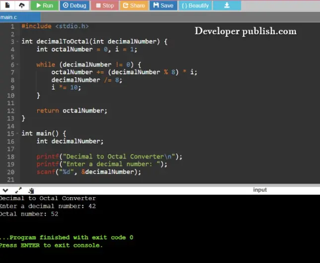 C Program To Convert Decimal To Octal Number