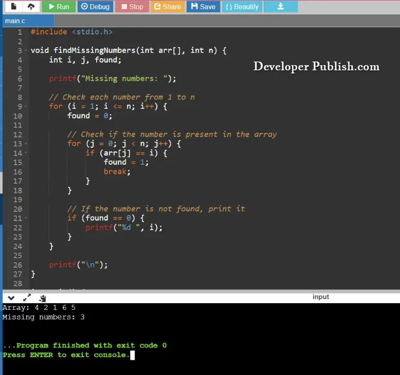 C Program To Find Missing Numbers In Array