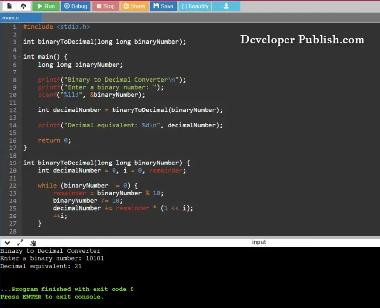 C Program to Convert Binary to Decimal